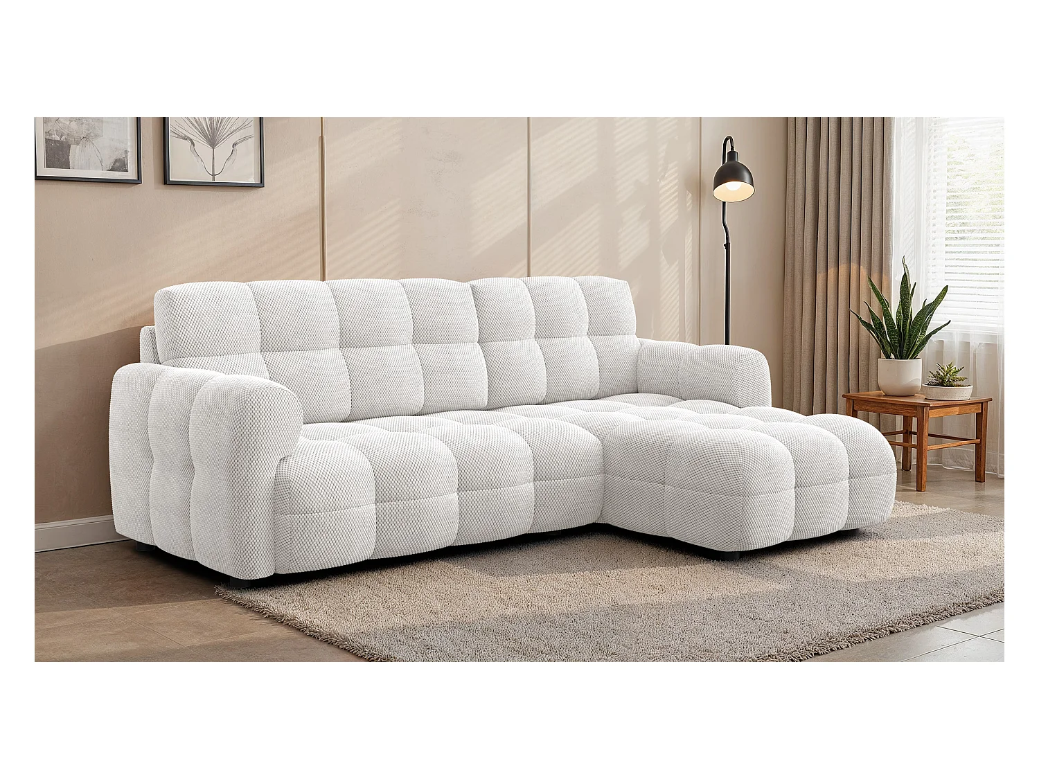 CANAPÉ D'ANGLE MELLOW 3 places, tissu crème