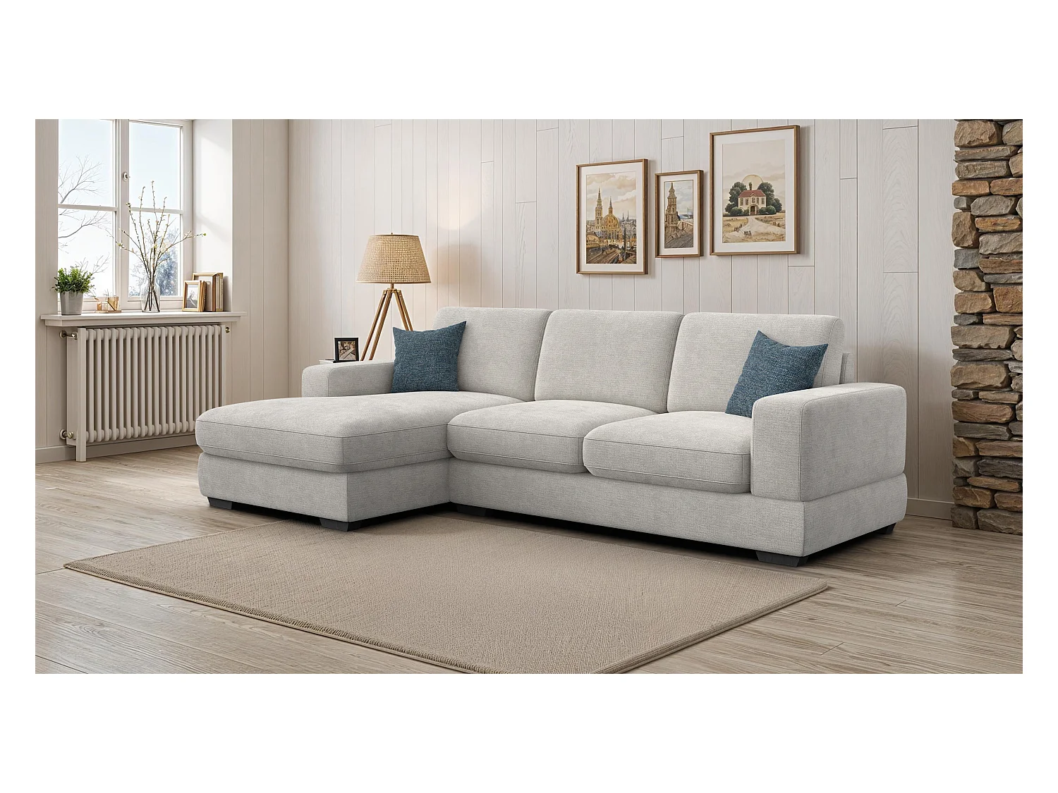 Canapé d'angle gauche 4 places OTTO, tissu crème