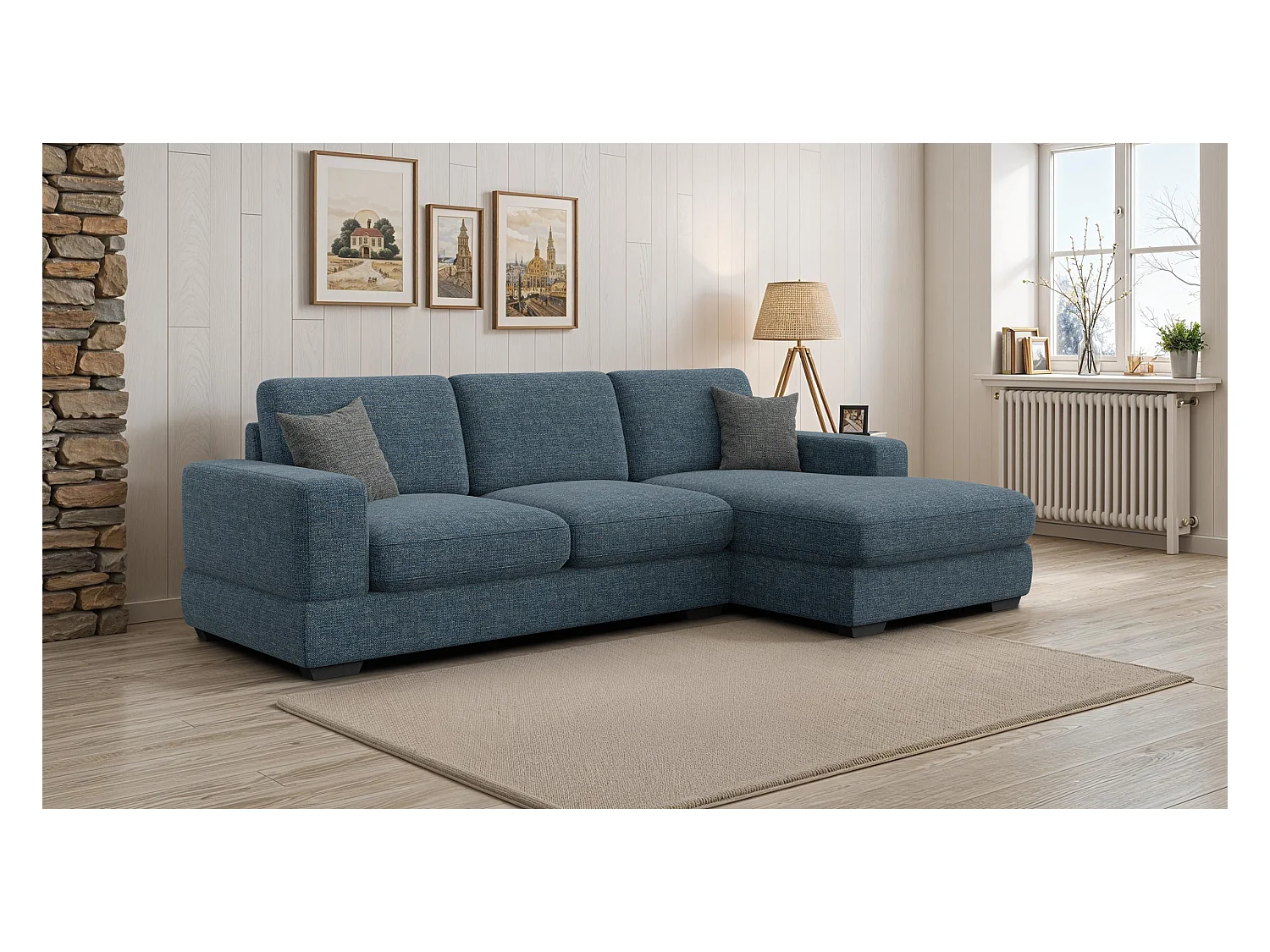 Canapé d'angle droit 4 places OTTO, tissu bleu marine