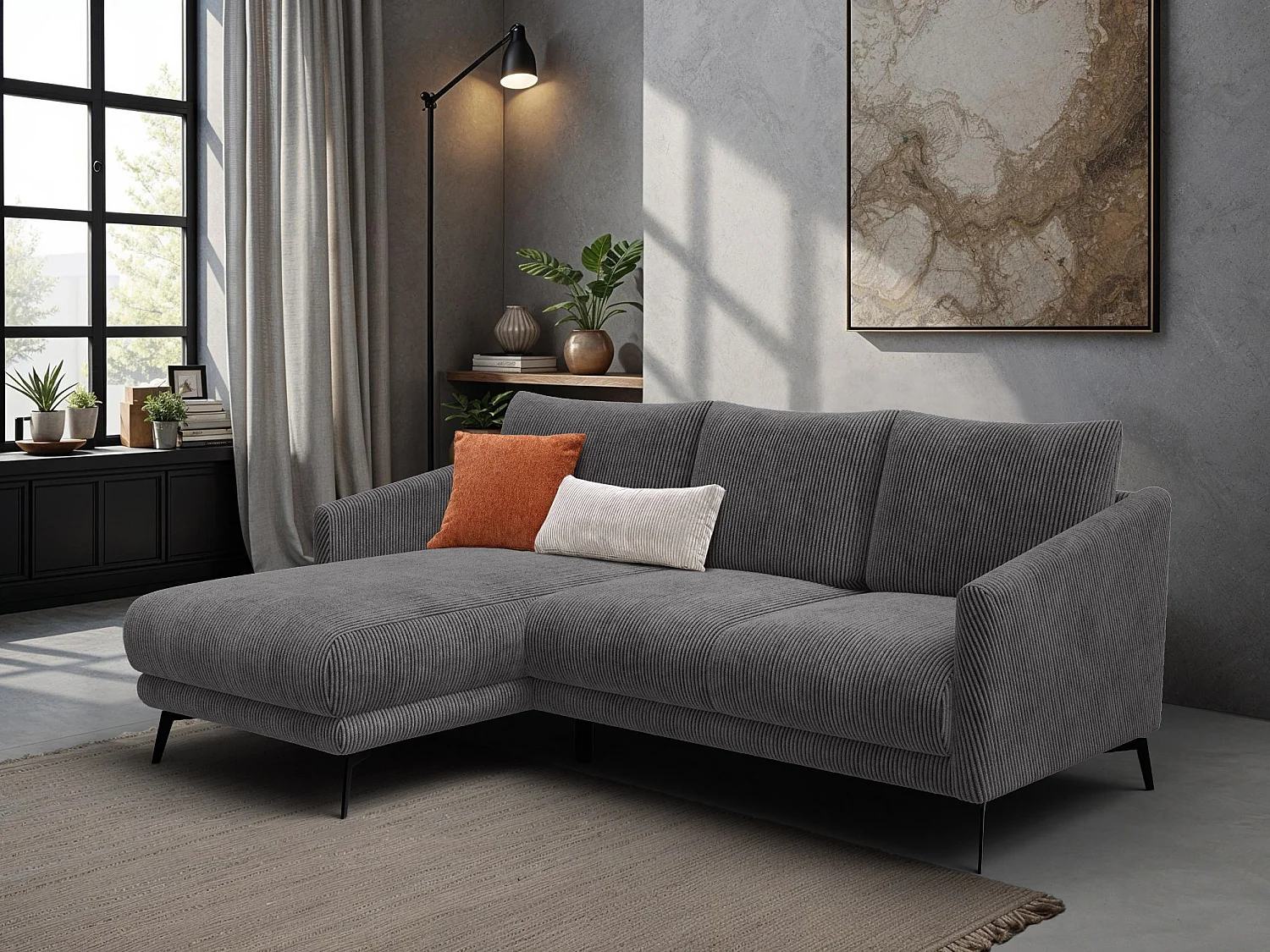 Canapé d'angle gauche 3 places VILT, tissu gris foncé