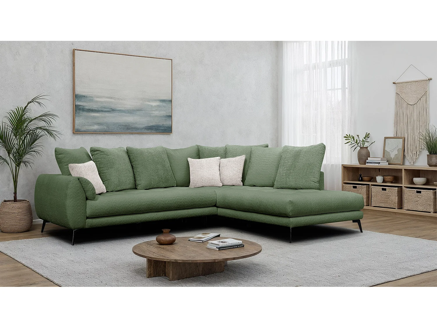 Canapé d'angle 5 places CALME, tissu olive