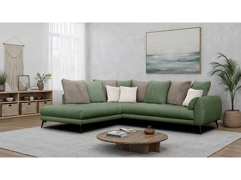 Canapé d'angle 5 places CALME, tissu olive et beige