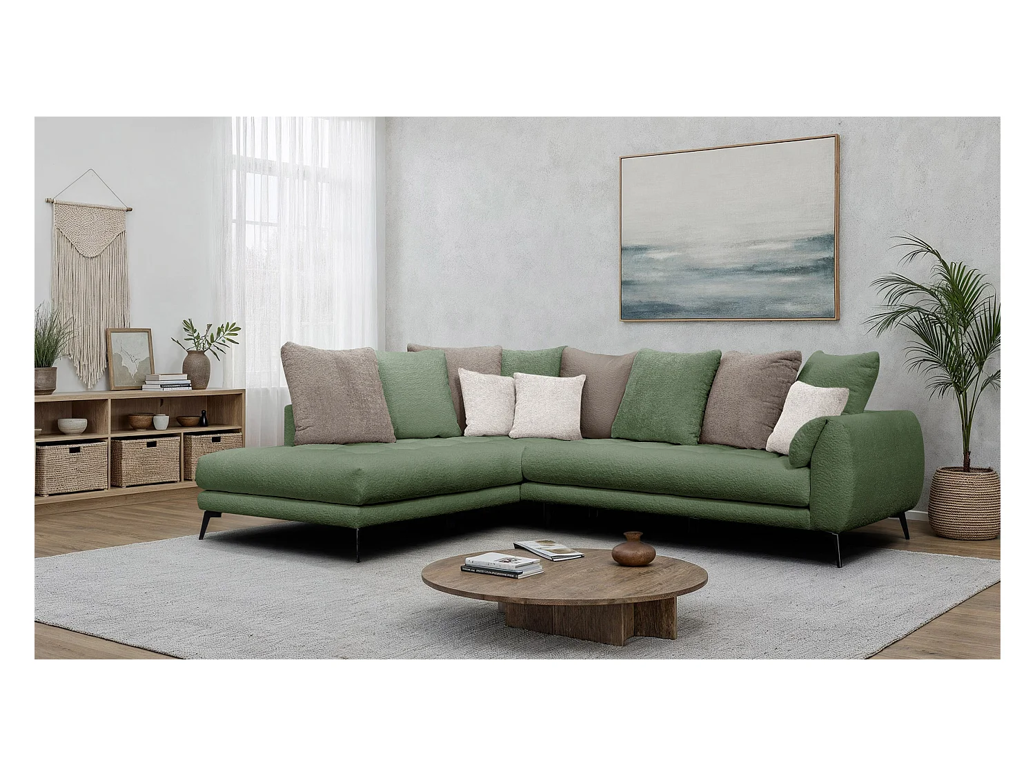 Canapé d'angle 5 places CALME, tissu olive et beige