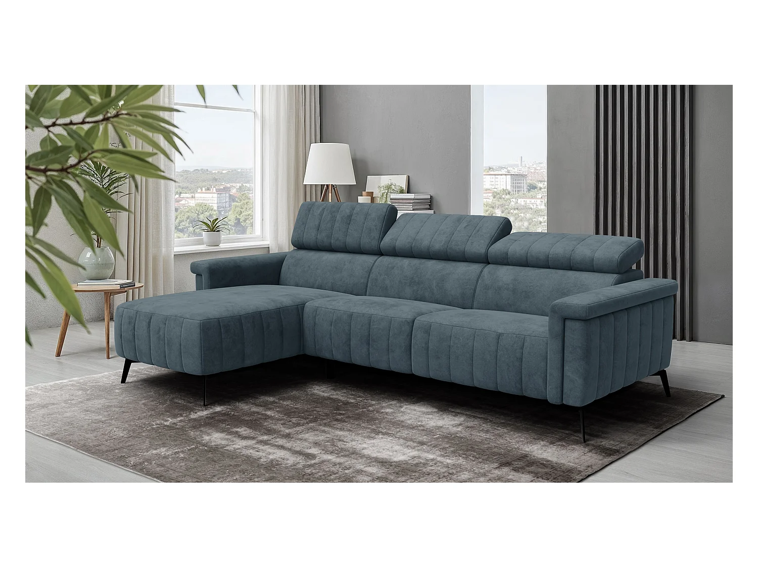 Canapé d'angle 4 places NORDEL, tissu bleu gris