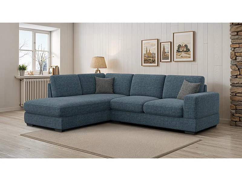 Canapé d'angle gauche 5 places OTTO, tissu bleu marine