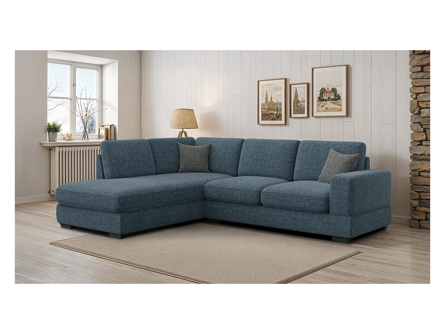 Canapé d'angle gauche 5 places OTTO, tissu bleu marine