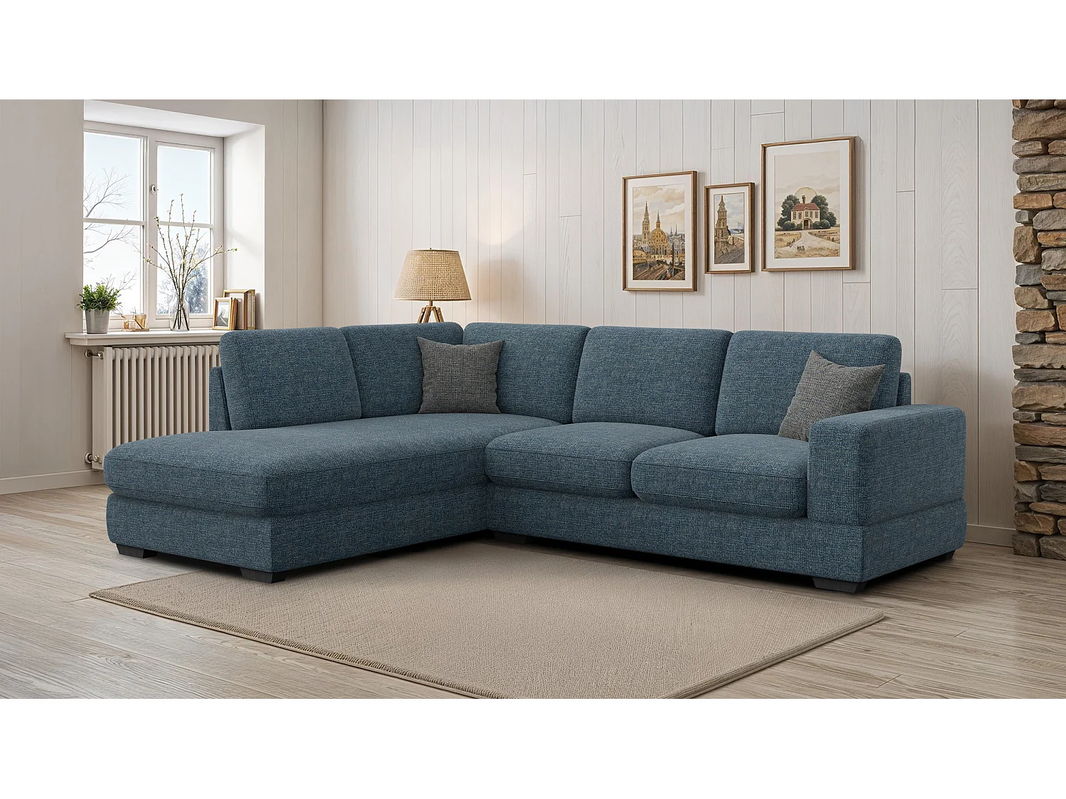 Canapé d'angle gauche 5 places OTTO, tissu bleu marine