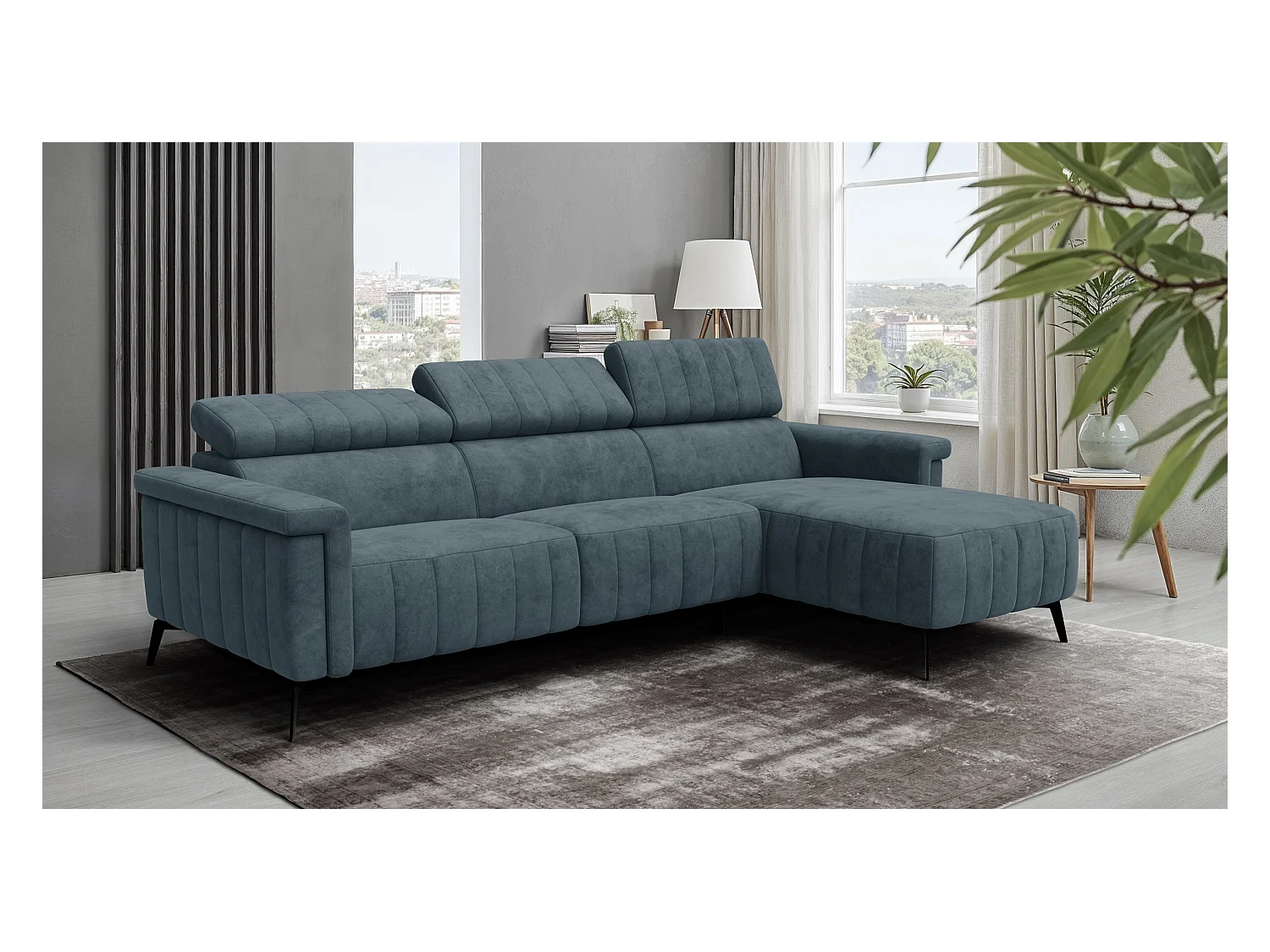 Canapé d'angle 4 places NORDEL, tissu bleu gris