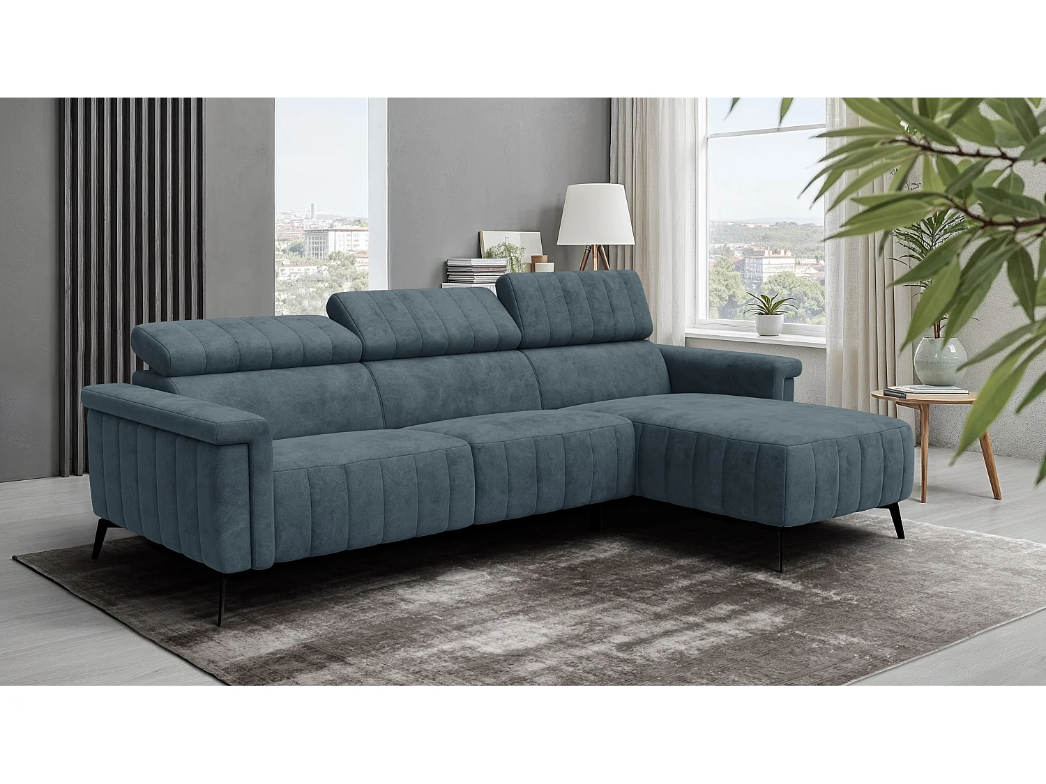 Canapé d'angle 4 places NORDEL, tissu bleu gris