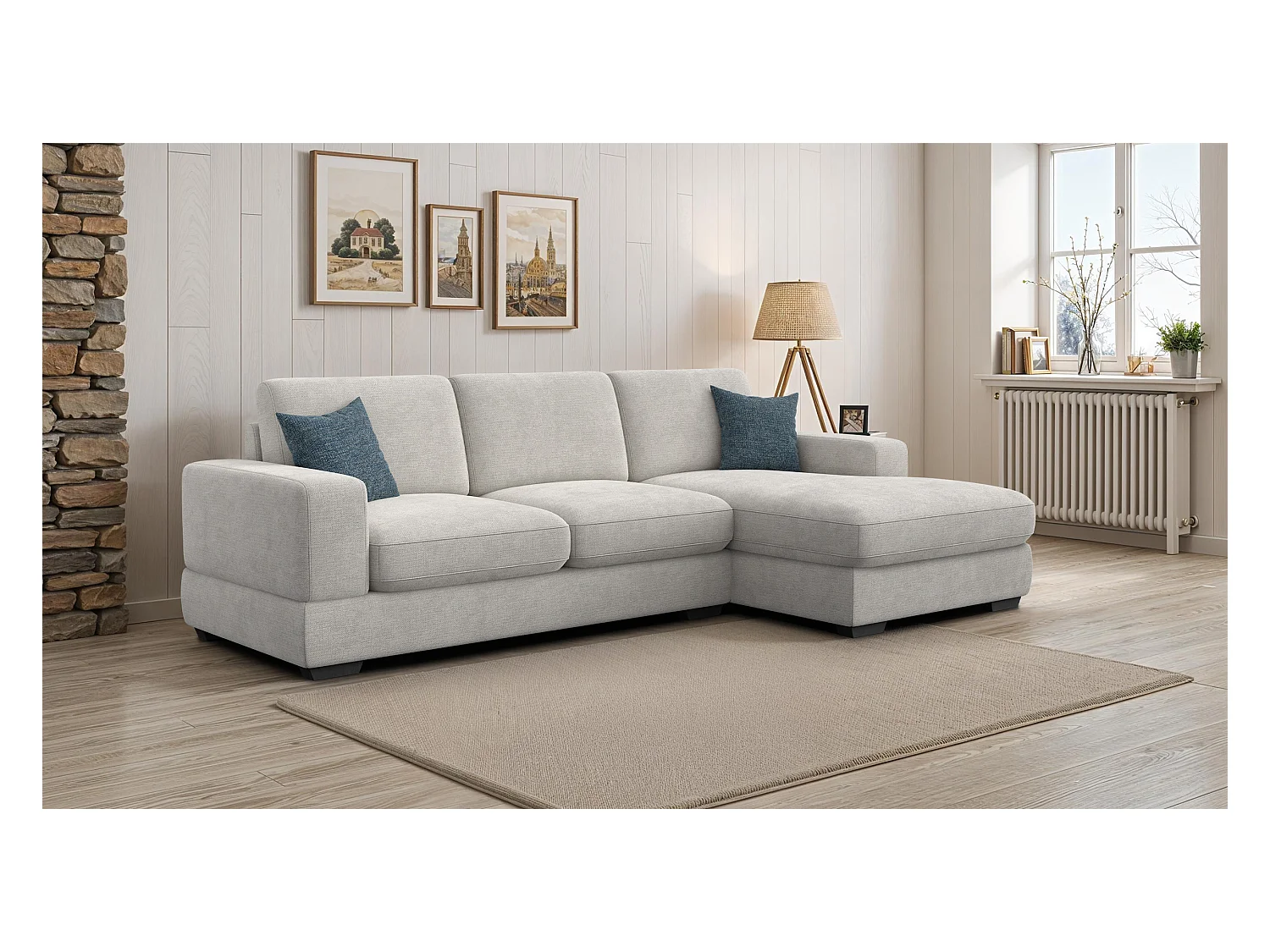 Canapé d'angle droit 4 places OTTO, tissu crème