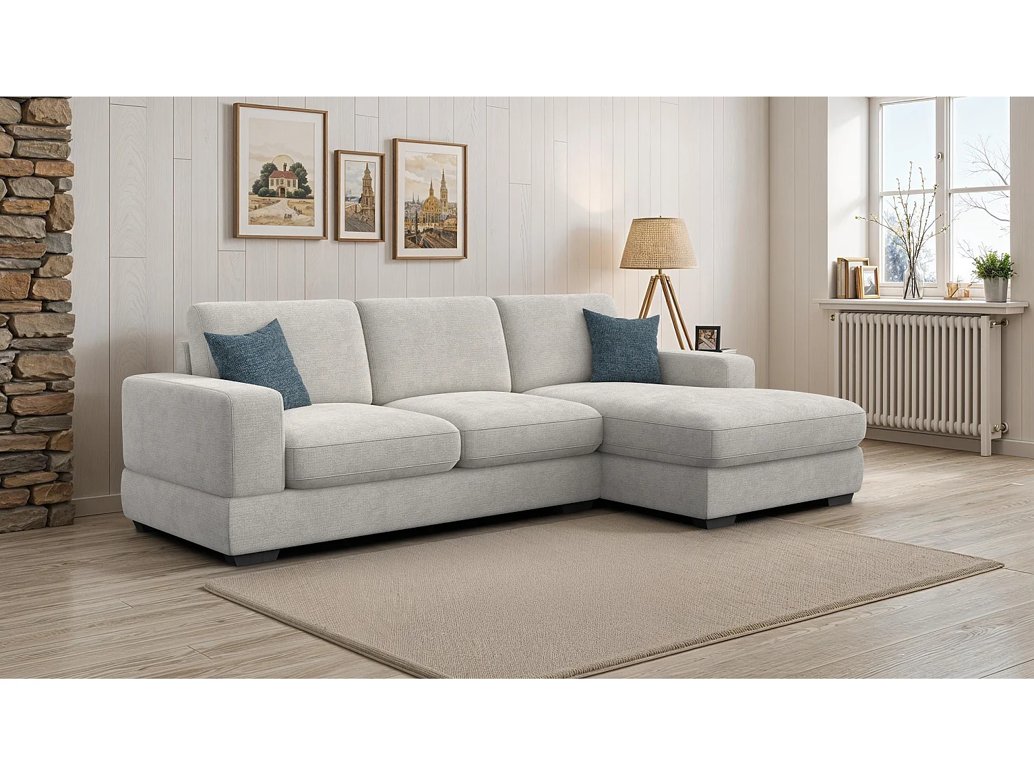 Canapé d'angle droit 4 places OTTO, tissu crème