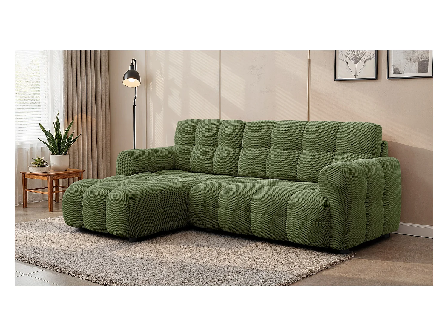 CANAPÉ D'ANGLE MELLOW 3 places, tissu vert