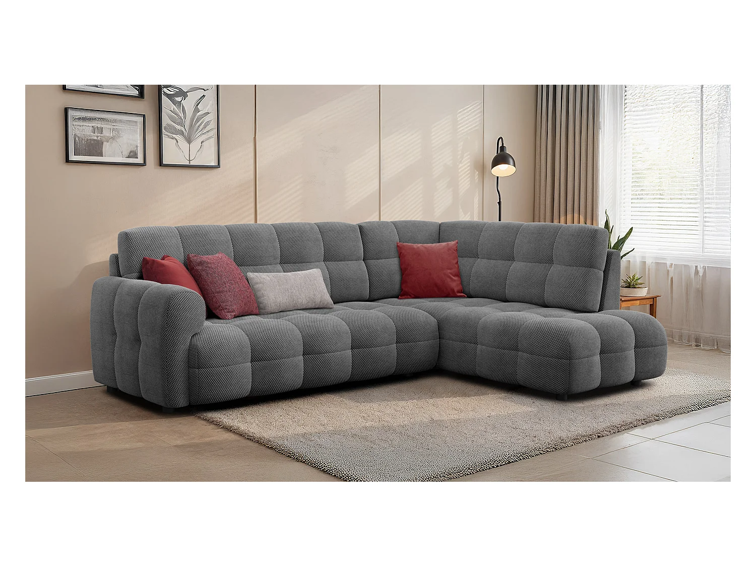 CANAPÉ D'ANGLE MELLOW 5 places, tissu gris