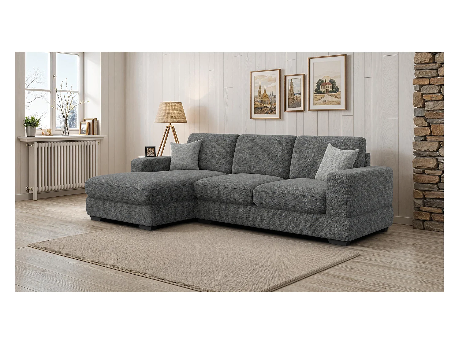 Canapé d'angle gauche 4 places OTTO, tissu anthracite