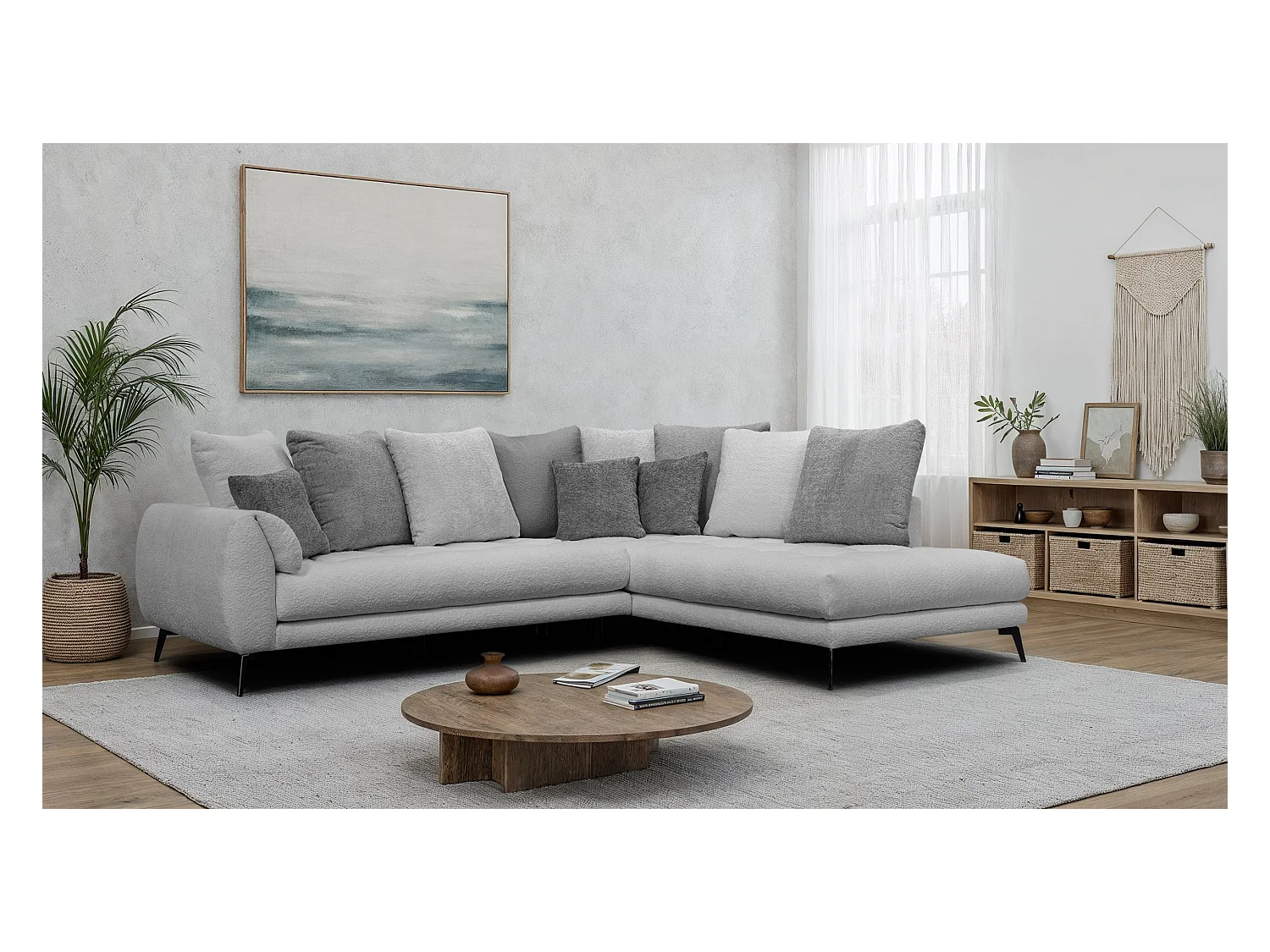 Canapé d'angle 5 places CALME, tissu gris clair et gris foncé