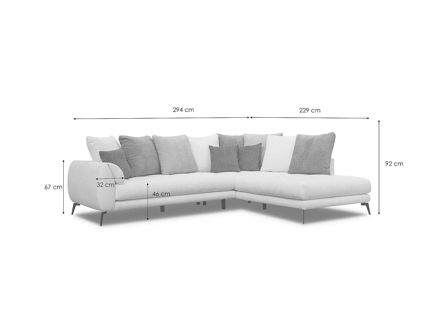 Canapé d'angle 5 places CALME, tissu gris clair et gris foncé