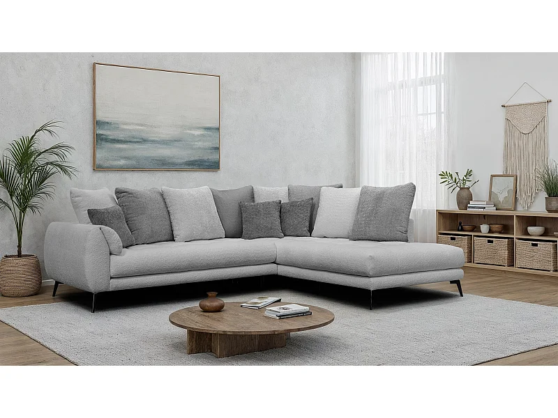 Canapé d'angle 5 places CALME, tissu gris clair et gris foncé