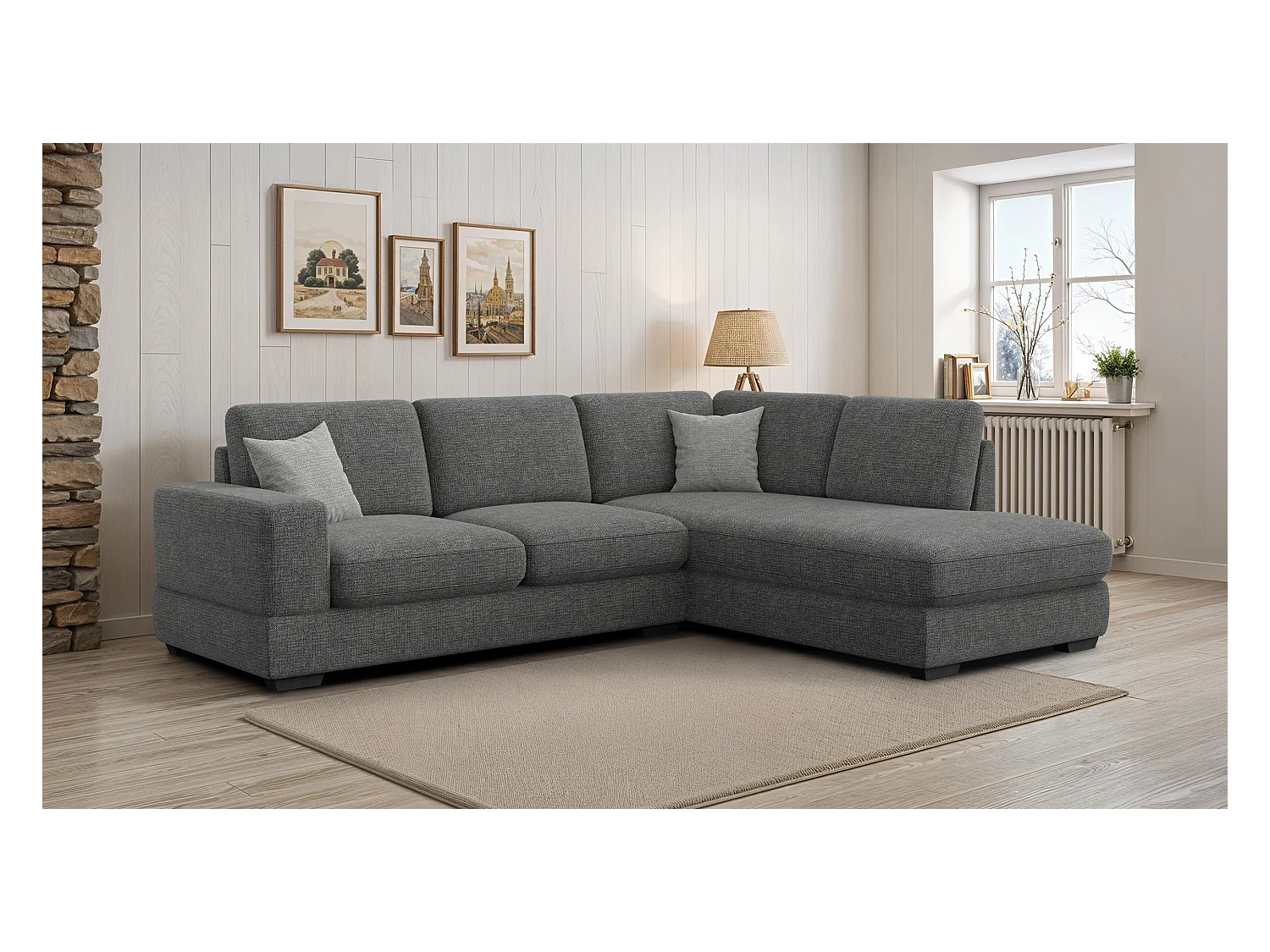 Canapé d'angle droit 5 places OTTO, tissu anthracite