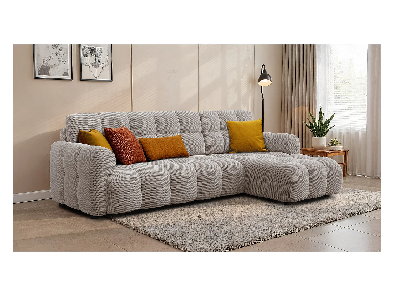 CANAPÉ D'ANGLE MELLOW 4 places, tissu beige