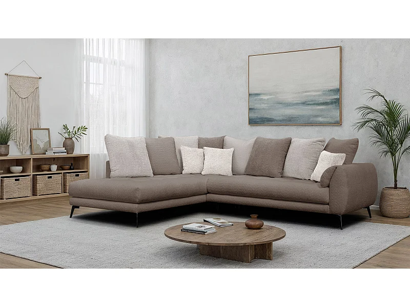 Canapé d'angle 5 places CALME, tissu beige et écru