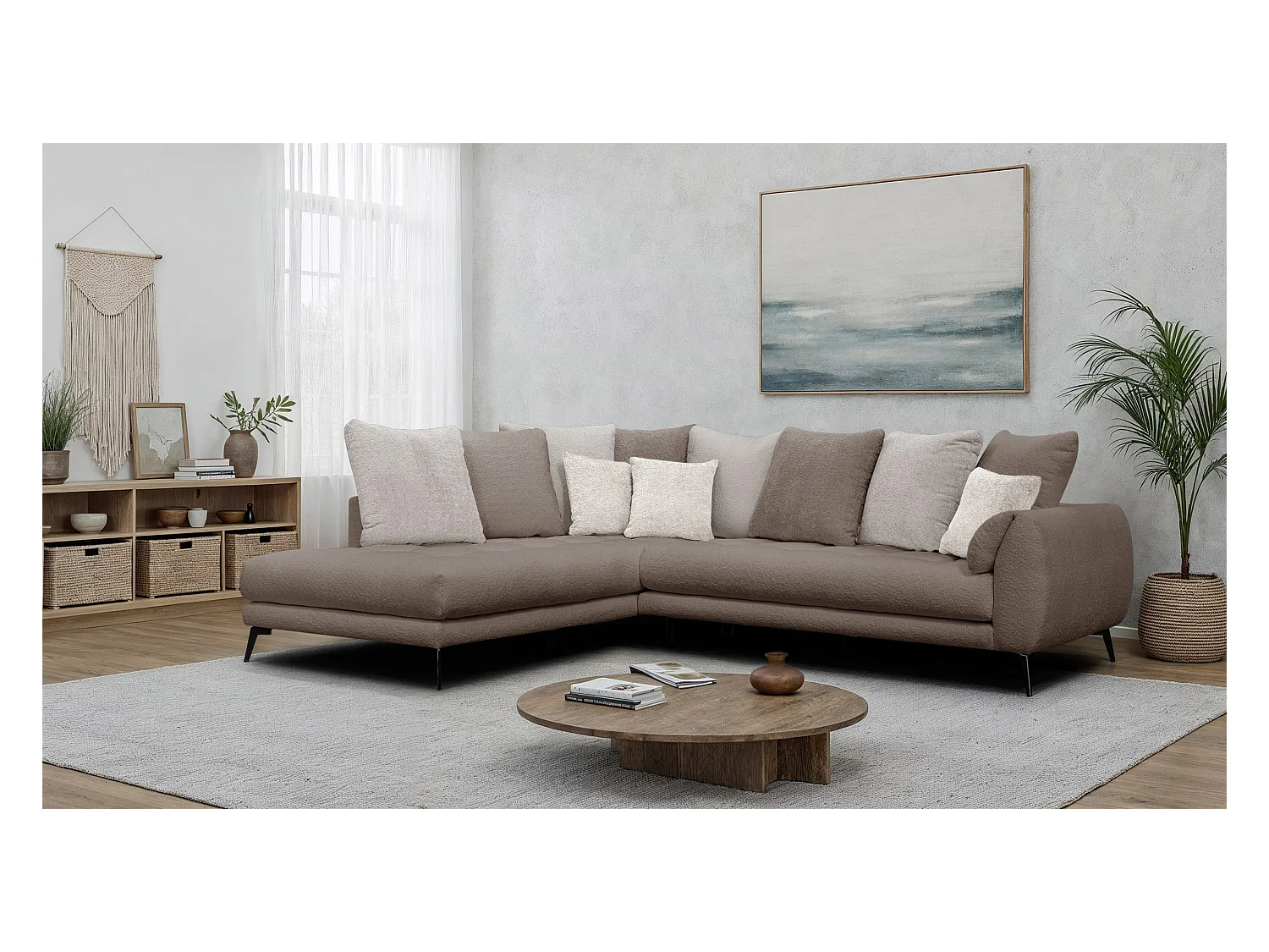 Canapé d'angle 5 places CALME, tissu beige et écru