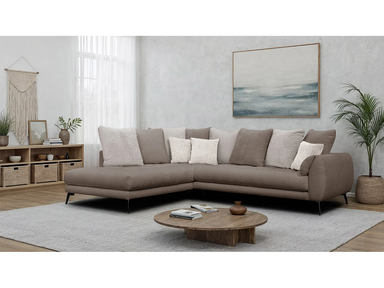 Canapé d'angle 5 places CALME, tissu beige et écru