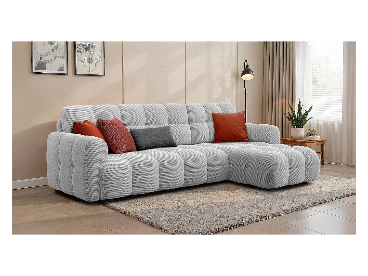 CANAPÉ D'ANGLE MELLOW 4 places, tissu gris clair