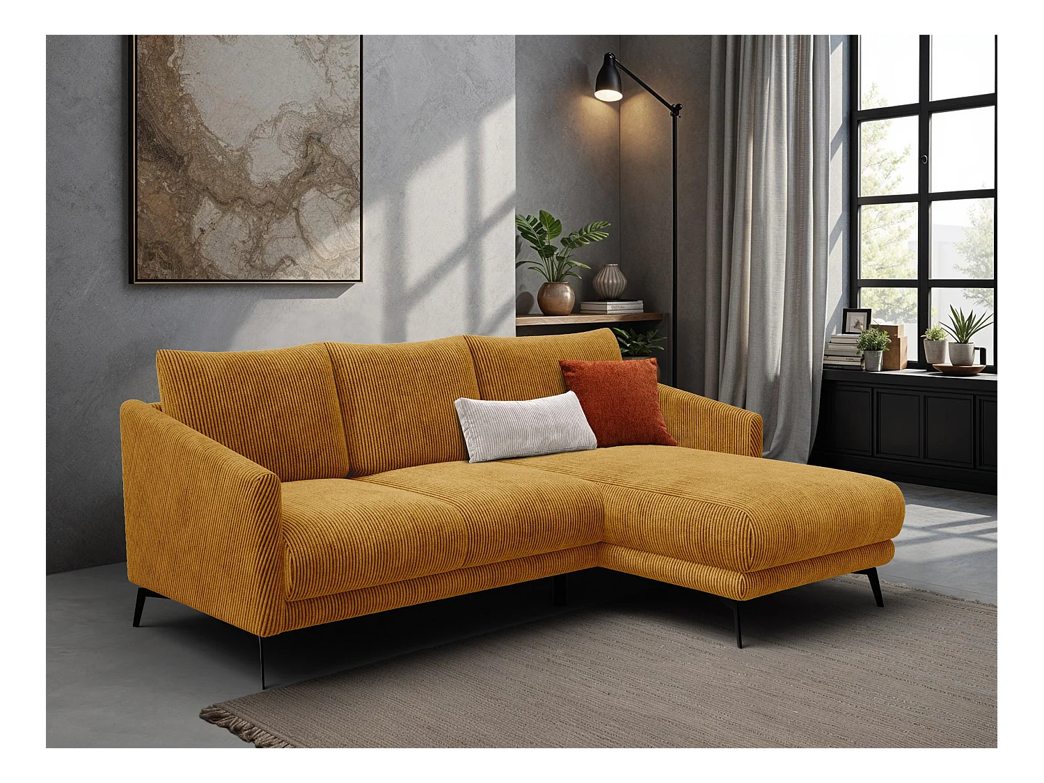 Canapé d'angle droit 3 places VILT, tissu jaune foncé