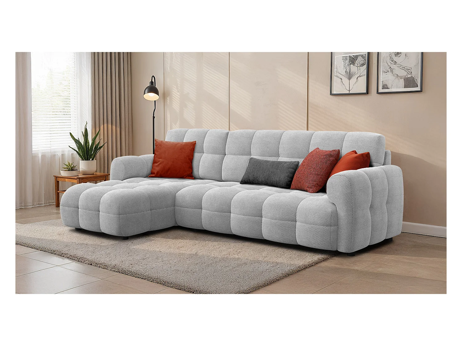 CANAPÉ D'ANGLE MELLOW 4 places, tissu gris clair