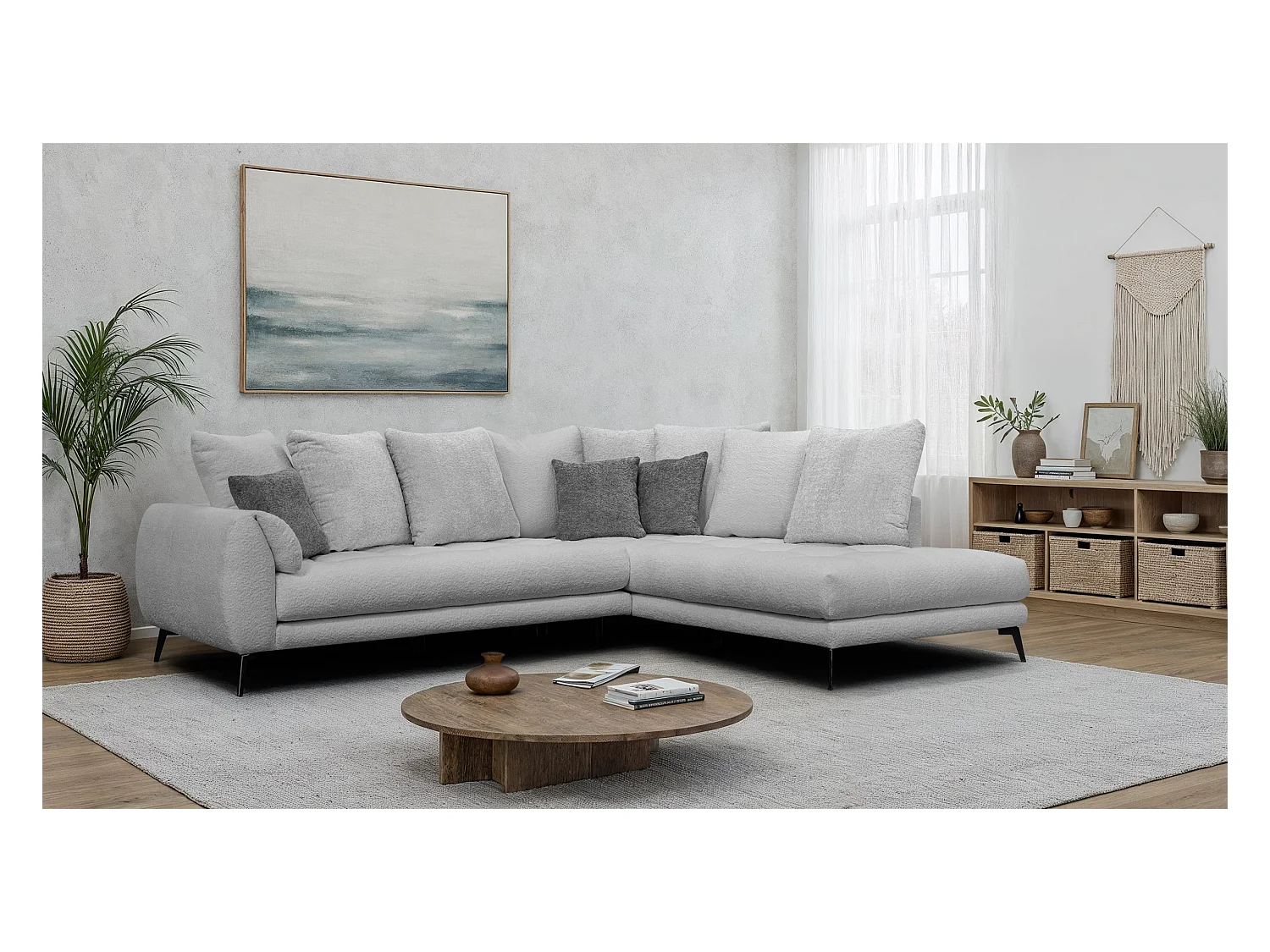 Canapé d'angle 5 places CALME, tissu gris clair