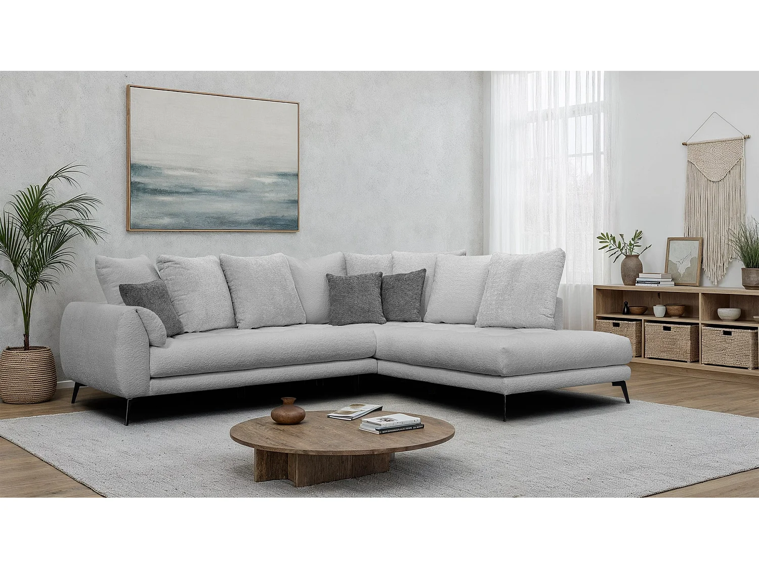 Canapé d'angle 5 places CALME, tissu gris clair