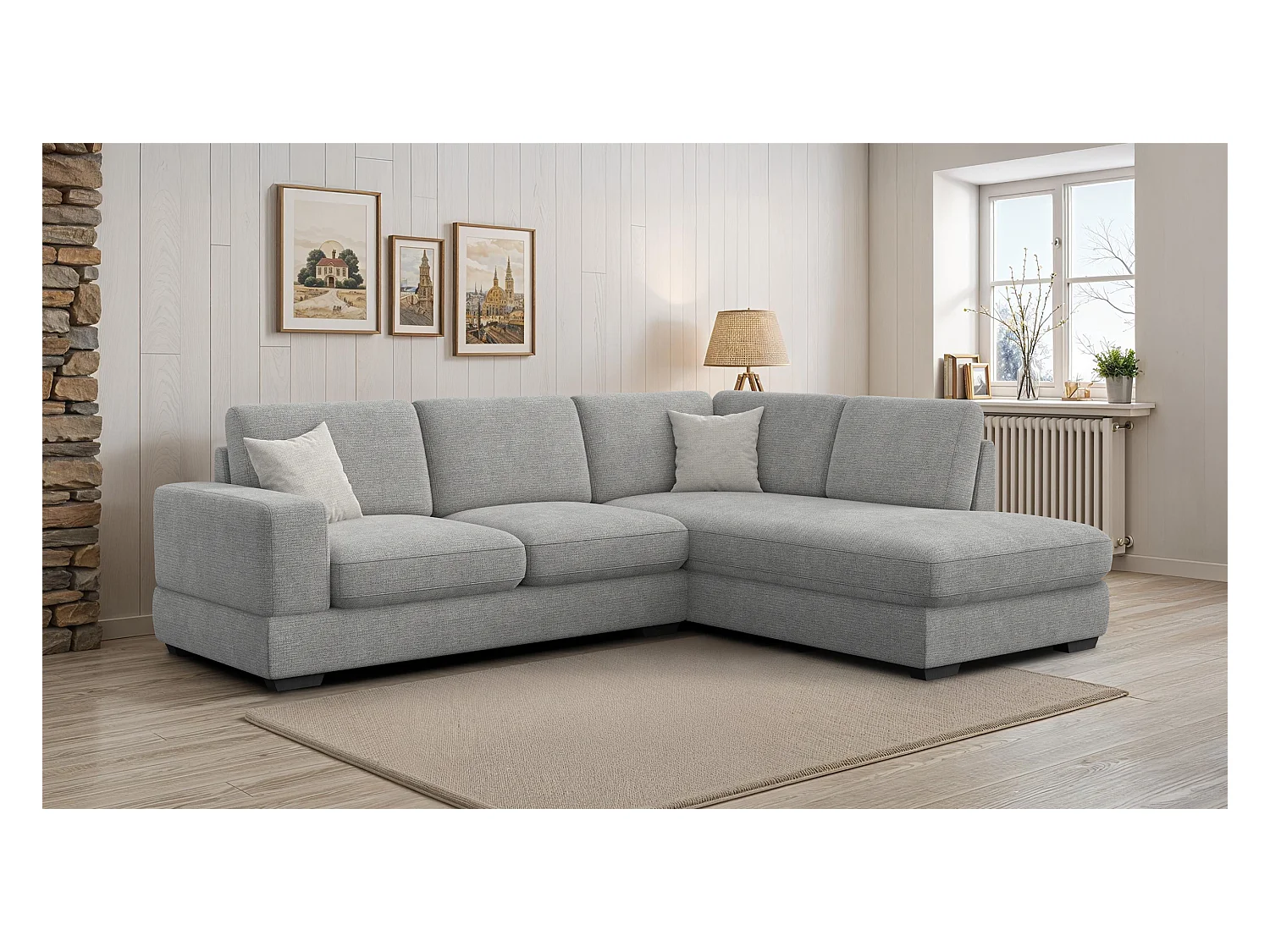 Canapé d'angle droit 5 places OTTO, tissu gris