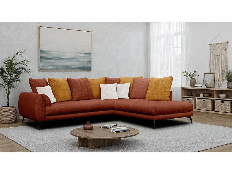 Canapé d'angle 5 places CALME, tissu orange foncé et écru