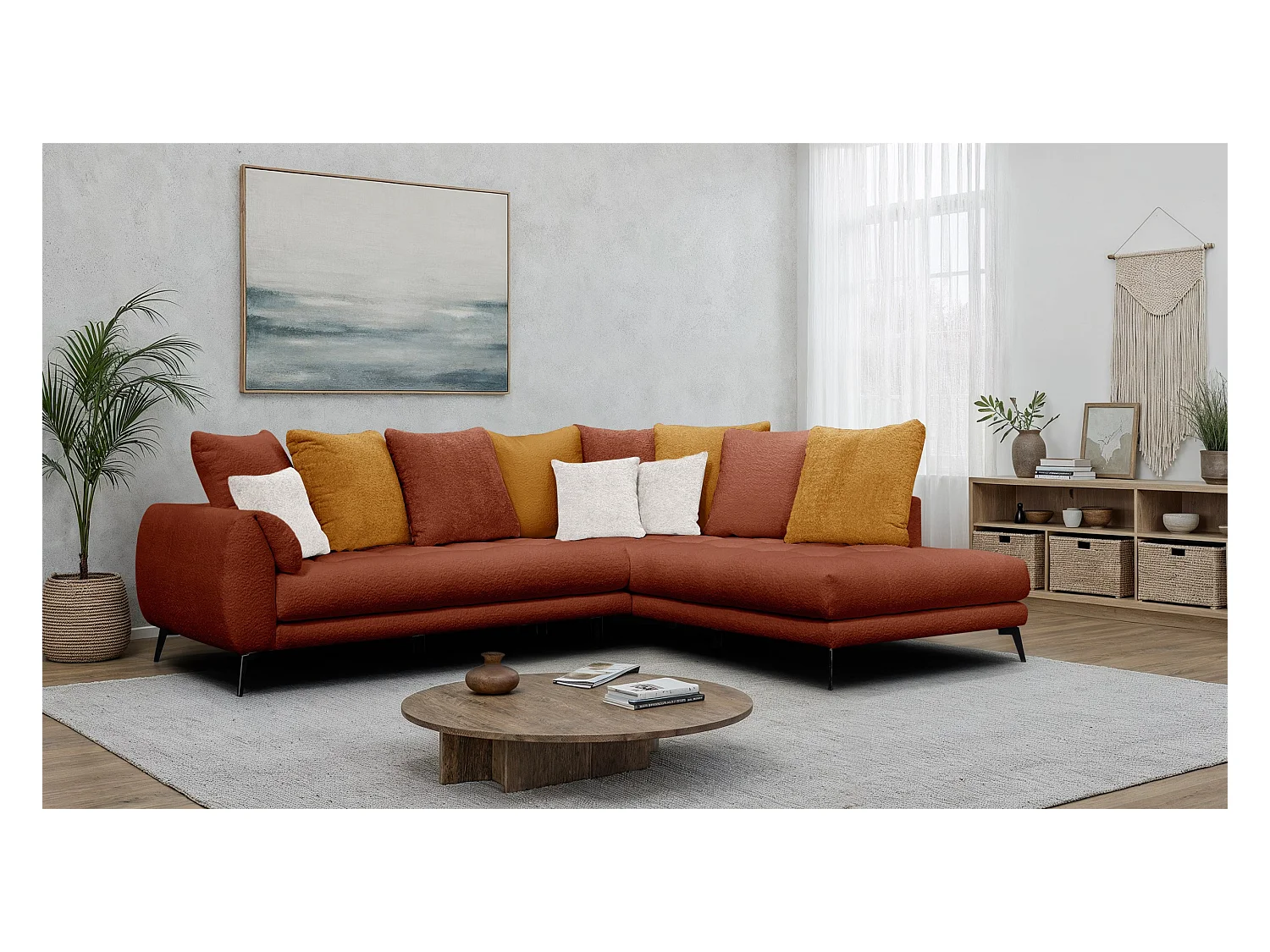 Canapé d'angle 5 places CALME, tissu orange foncé et écru