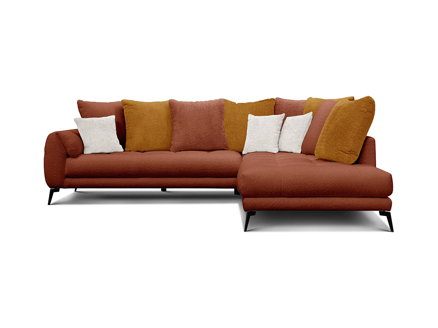 Canapé d'angle 5 places CALME, tissu orange foncé et écru