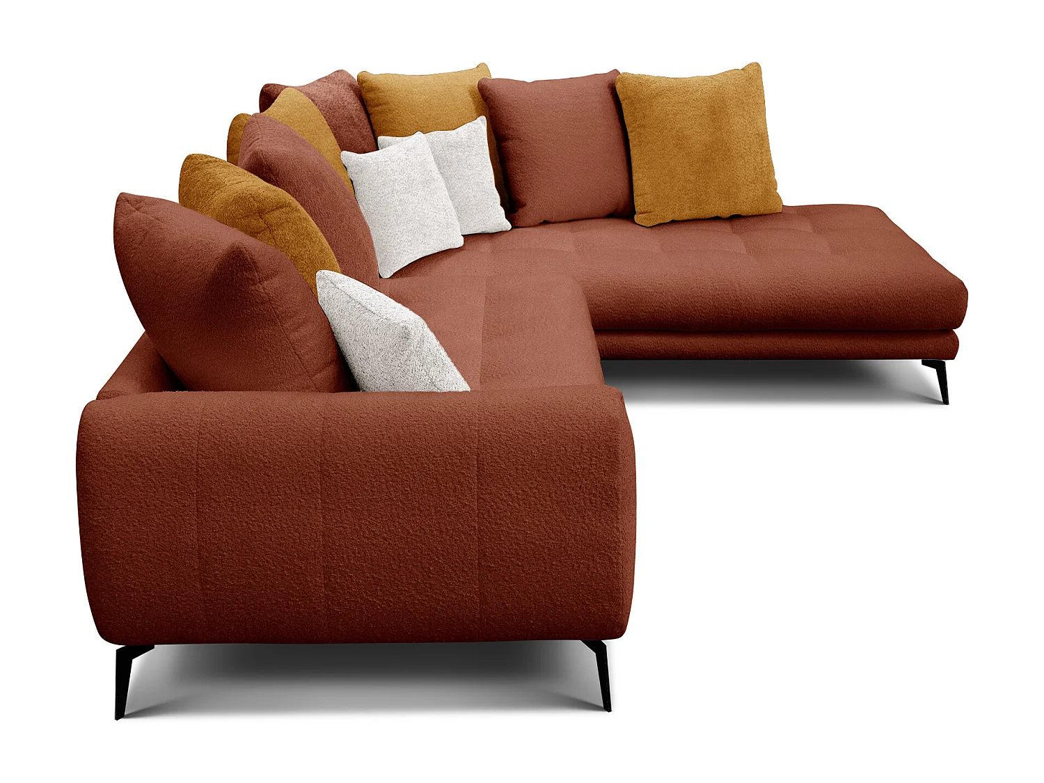 Canapé d'angle 5 places CALME, tissu orange foncé et écru