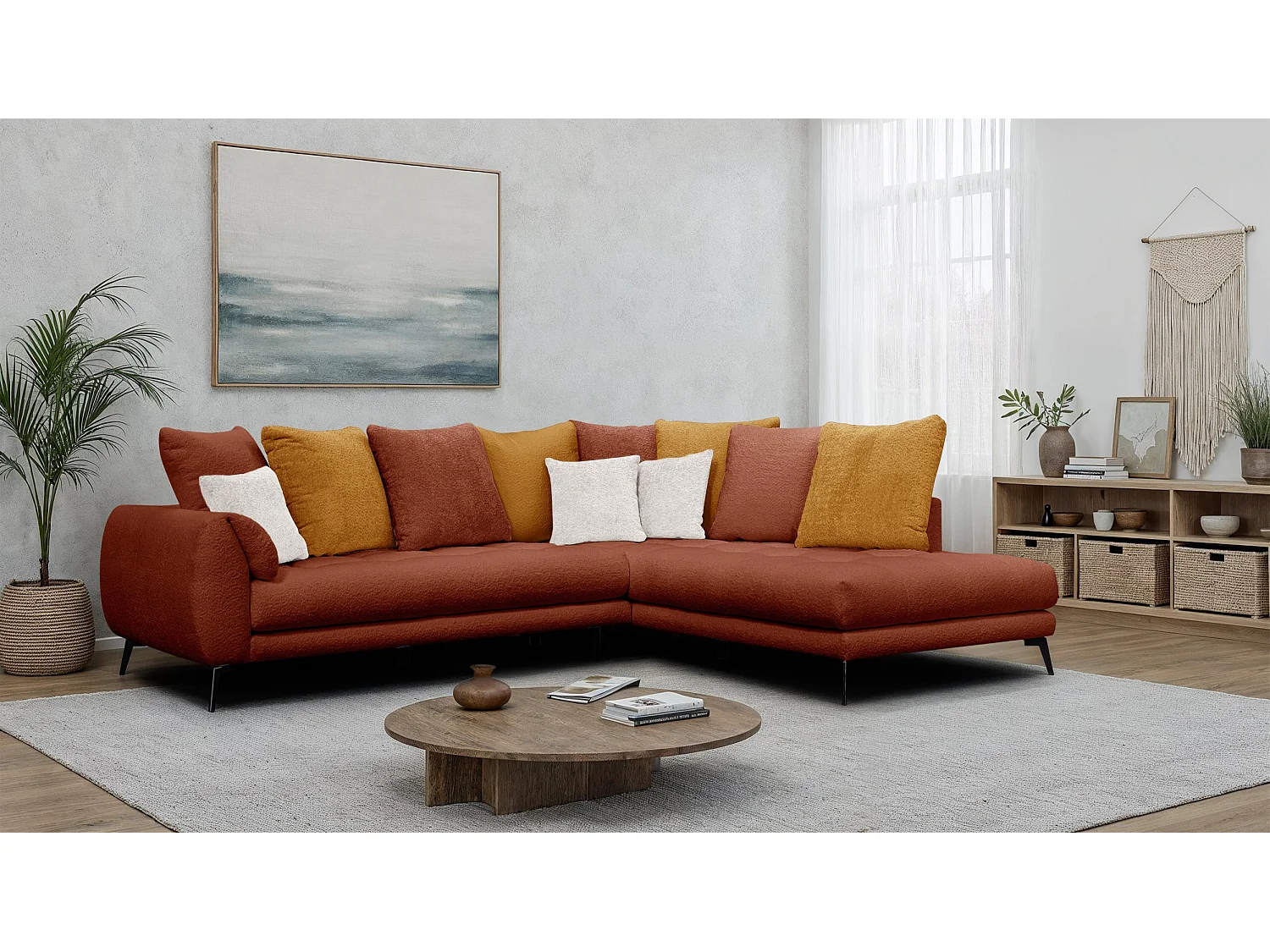 Canapé d'angle 5 places CALME, tissu orange foncé et écru