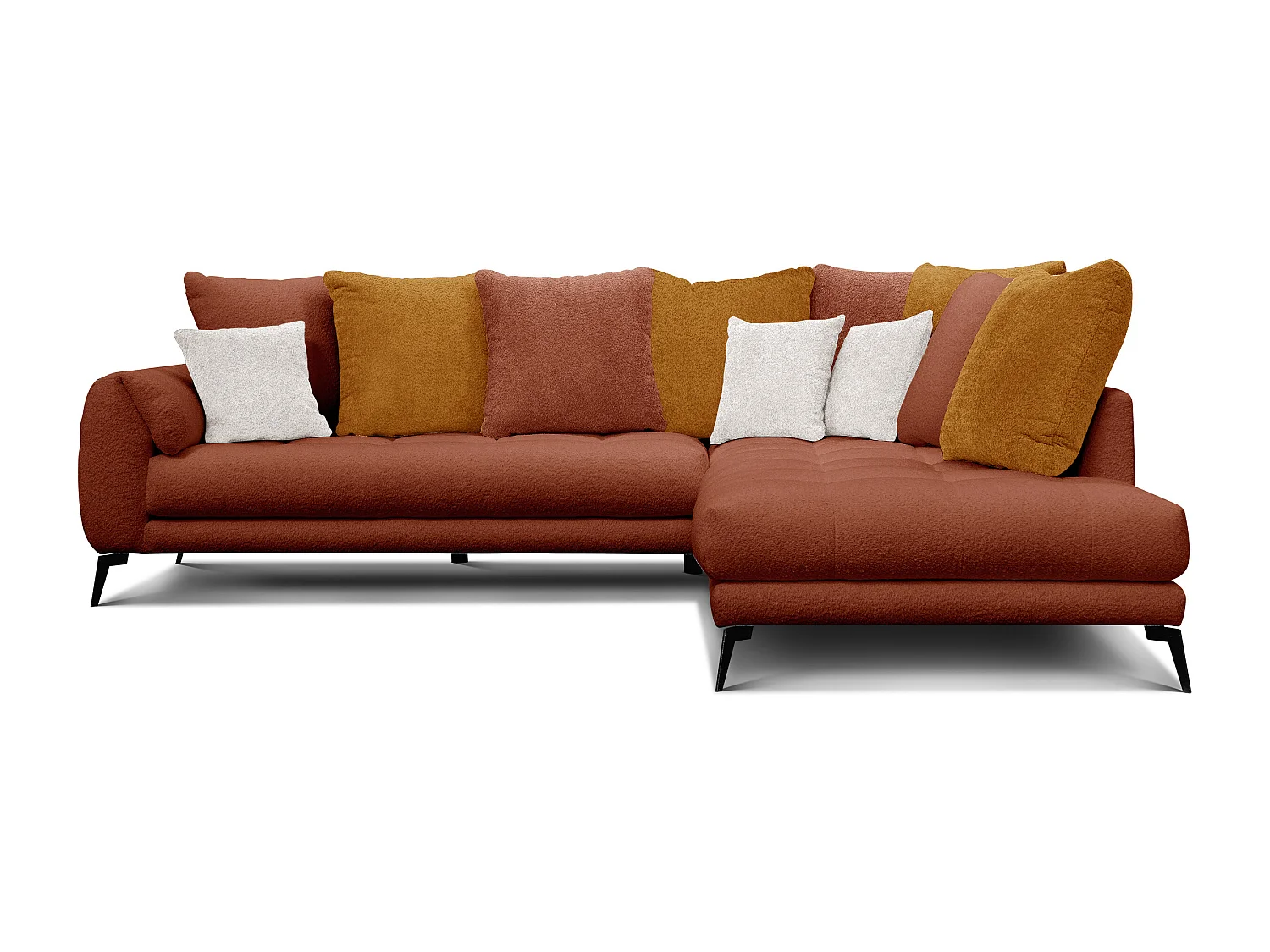 Canapé d'angle 5 places CALME, tissu orange foncé et écru