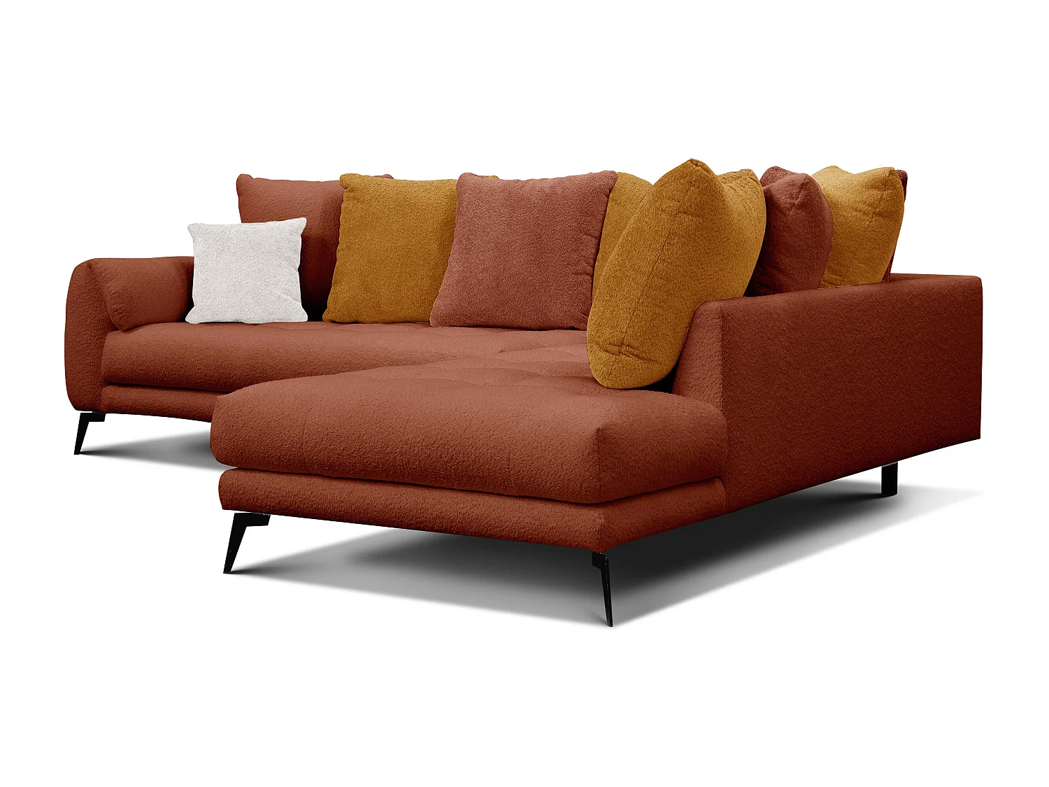 Canapé d'angle 5 places CALME, tissu orange foncé et écru