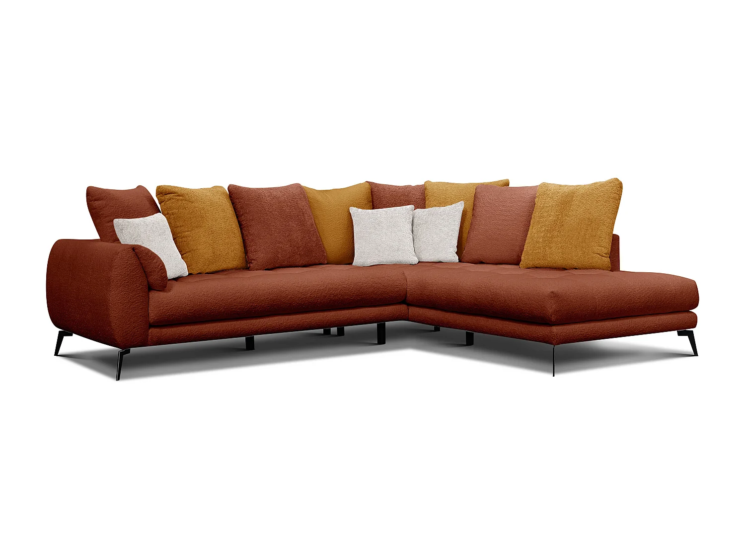 Canapé d'angle 5 places CALME, tissu orange foncé et écru