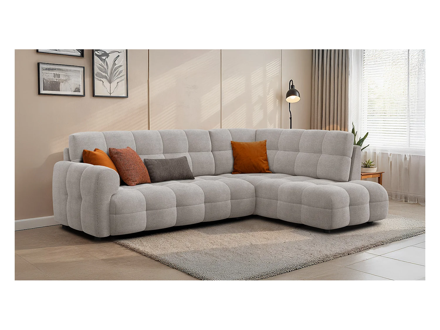 CANAPÉ D'ANGLE MELLOW 5 places, tissu beige