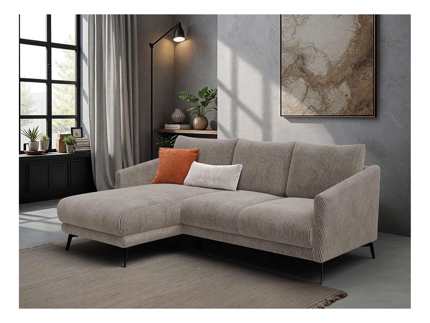 Canapé d'angle gauche 3 places VILT, tissu taupe