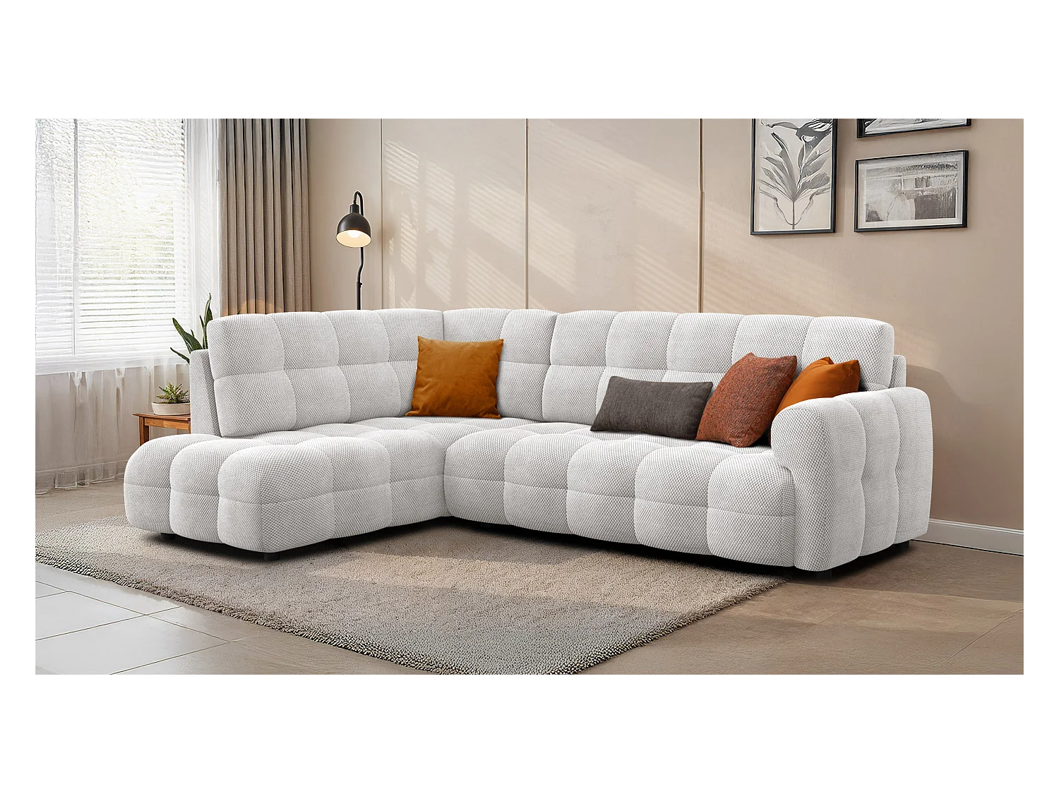 CANAPÉ D'ANGLE MELLOW 5 places, tissu crème