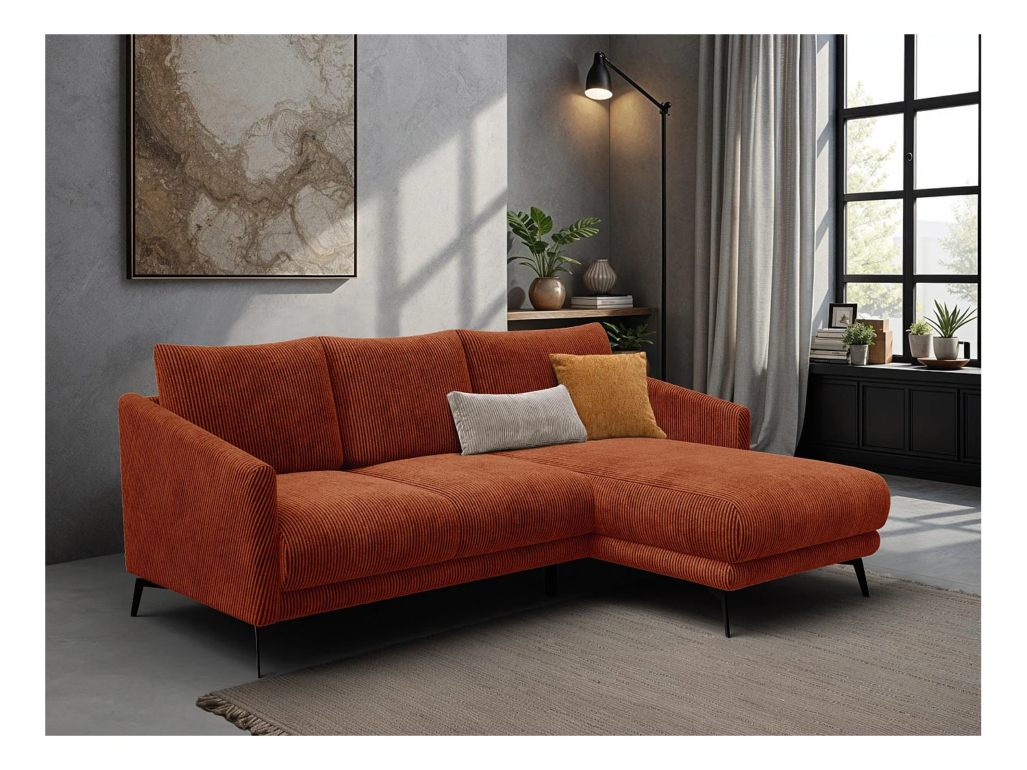 Canapé d'angle droit 3 places VILT, tissu orange