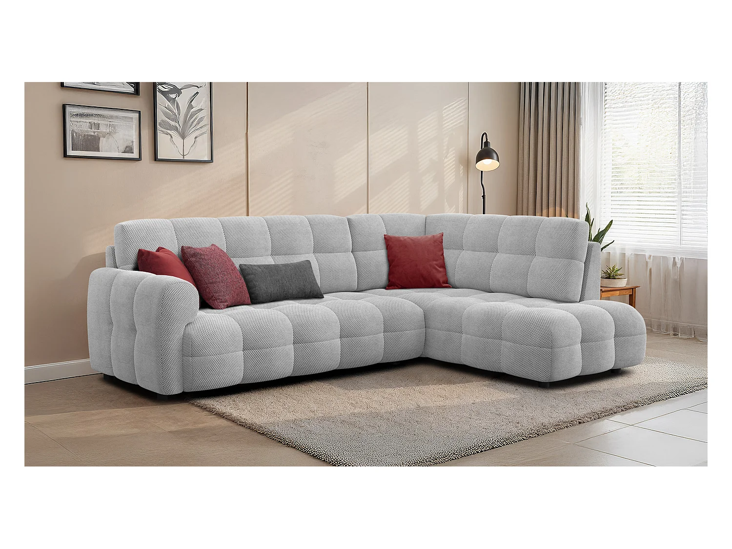 CANAPÉ D'ANGLE MELLOW 5 places, tissu gris clair