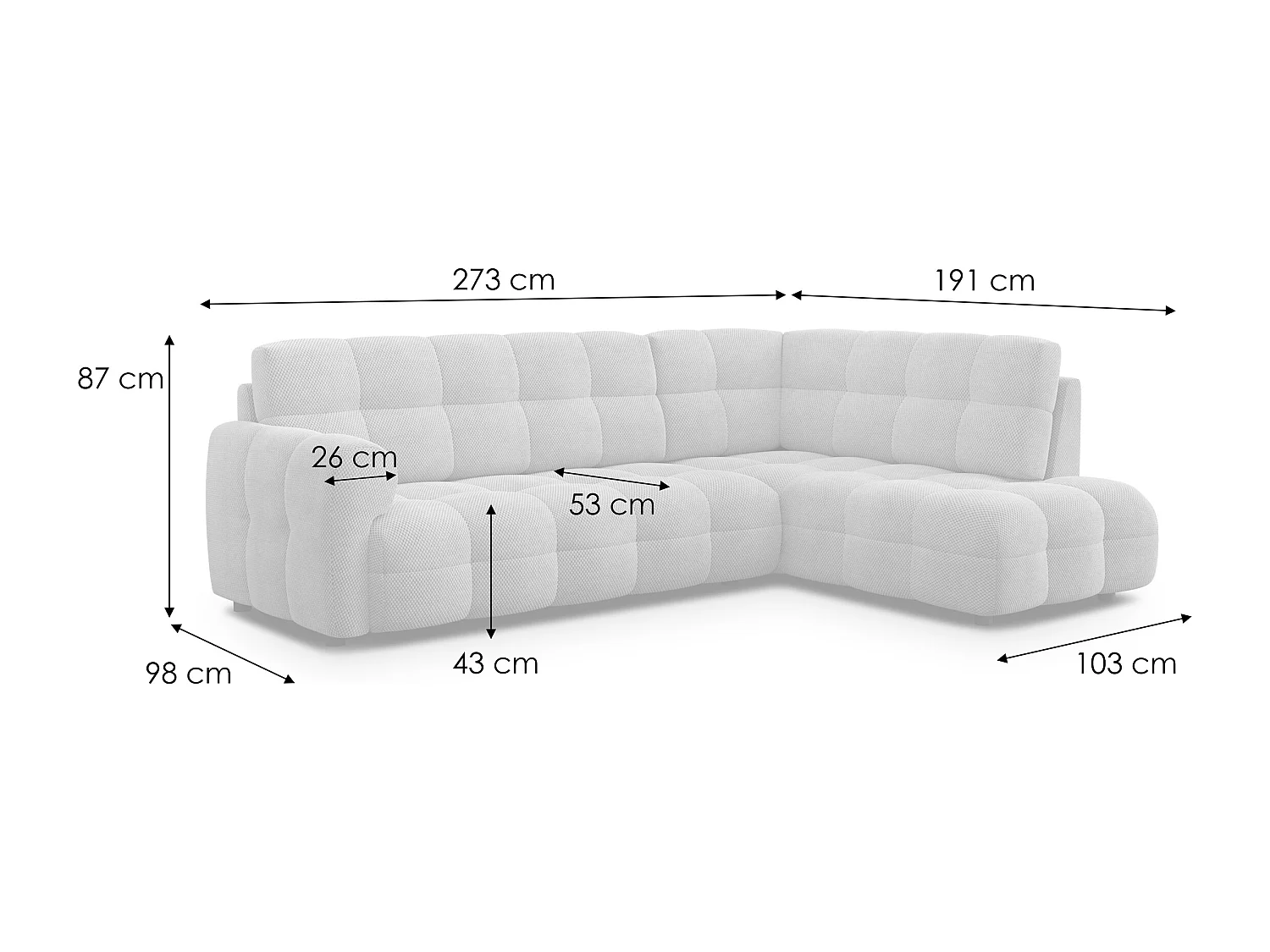 CANAPÉ D'ANGLE MELLOW 5 places, tissu gris clair