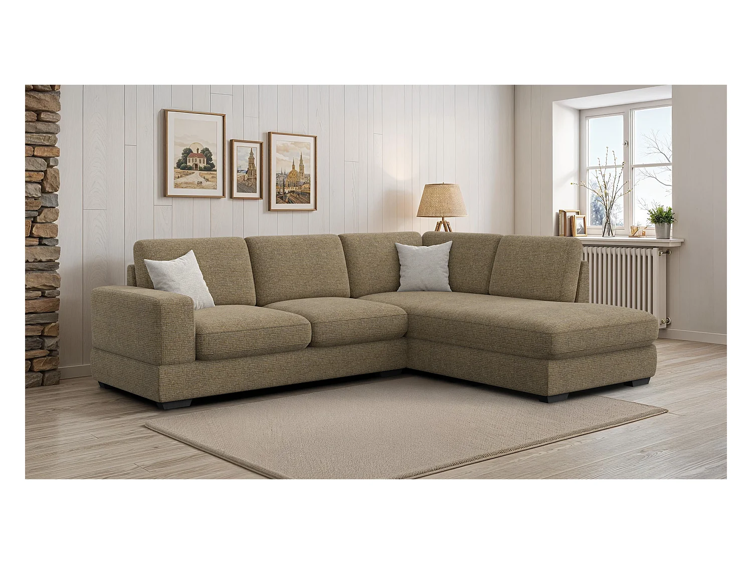 Canapé d'angle droit 5 places OTTO, tissu taupe