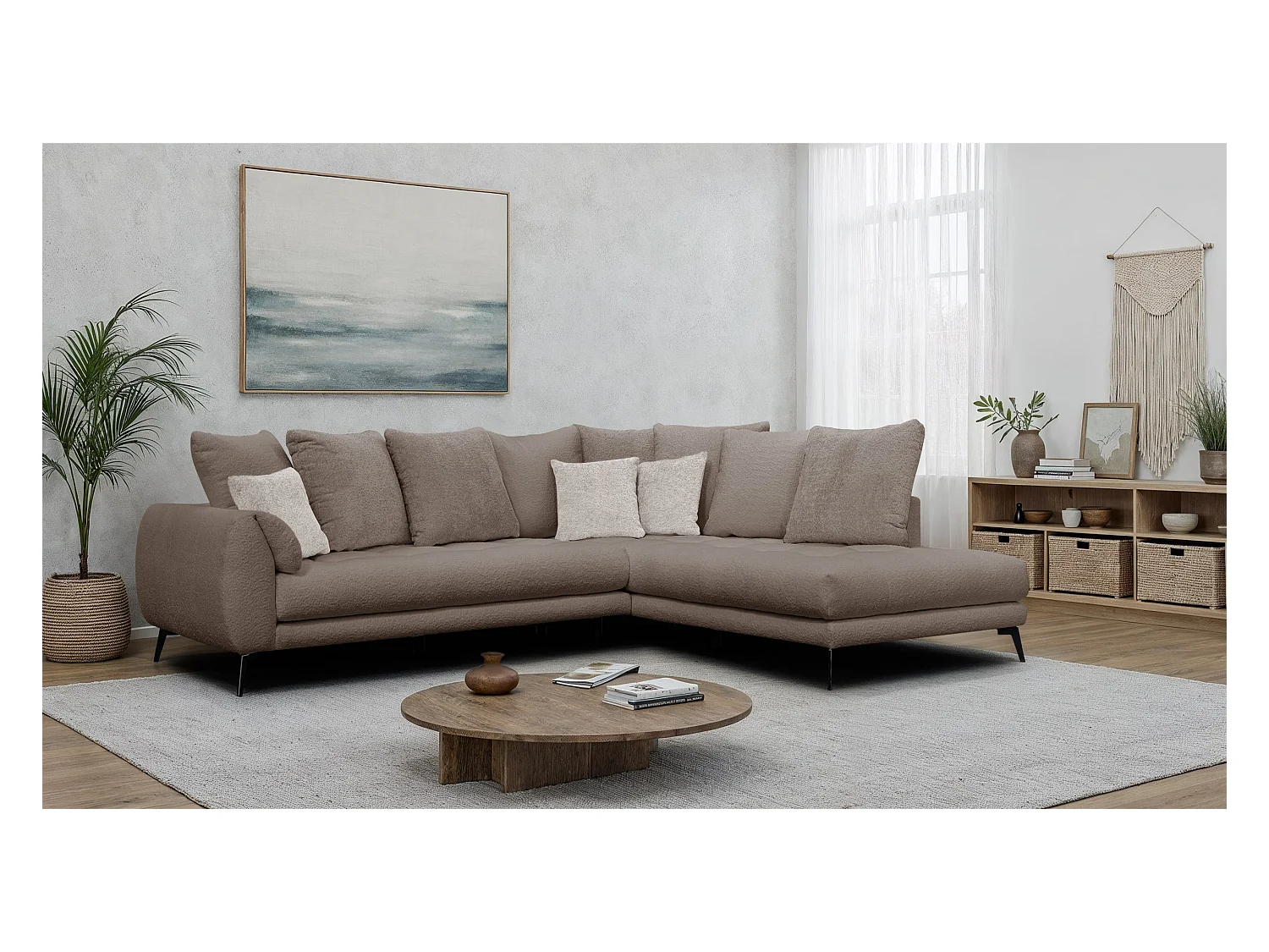 Canapé d'angle 5 places CALME, tissu beige