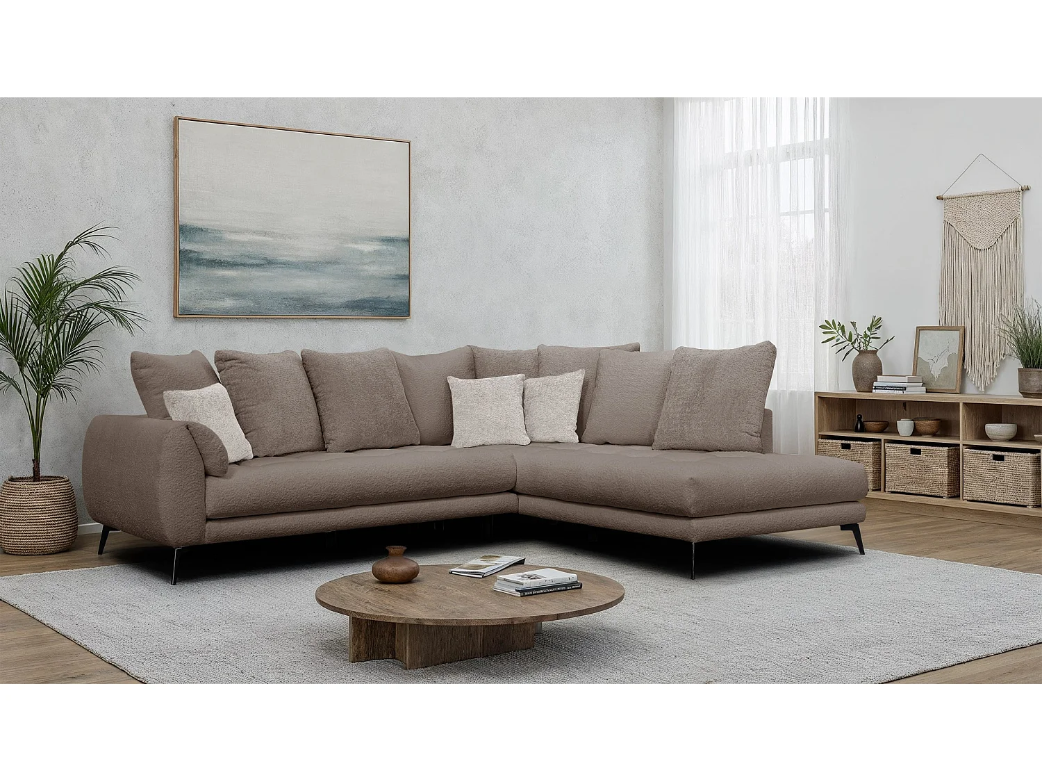 Canapé d'angle 5 places CALME, tissu beige