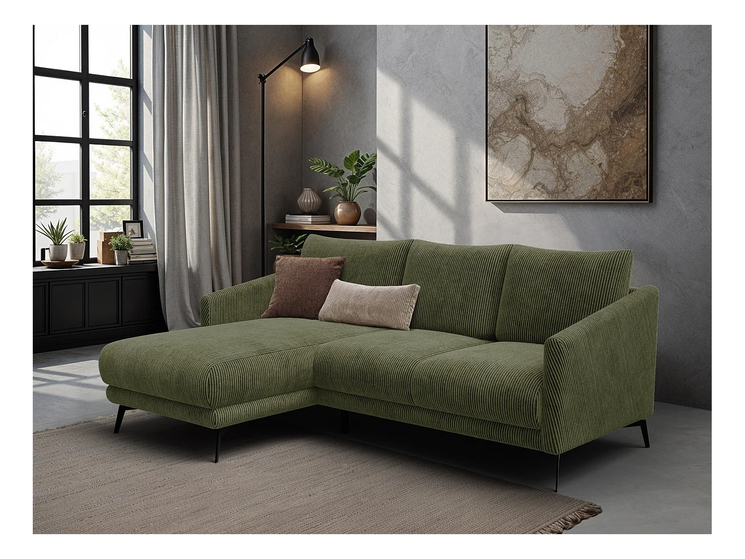 Canapé d'angle gauche 3 places VILT, tissu olive